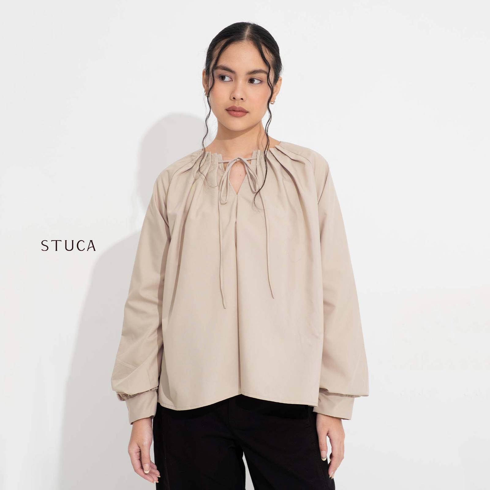 STUCA – Atasan Wanita – Sumi Top (Pleated Blouse with Ribbon Neck Detail) - Taupe, S-M
