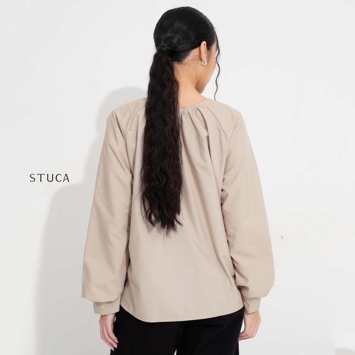 STUCA – Atasan Wanita – Sumi Top (Pleated Blouse with Ribbon Neck Detail) - Taupe, S-M