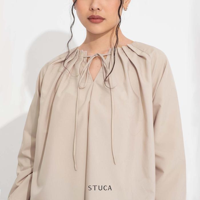STUCA – Atasan Wanita – Sumi Top (Pleated Blouse with Ribbon Neck Detail) - Taupe, S-M
