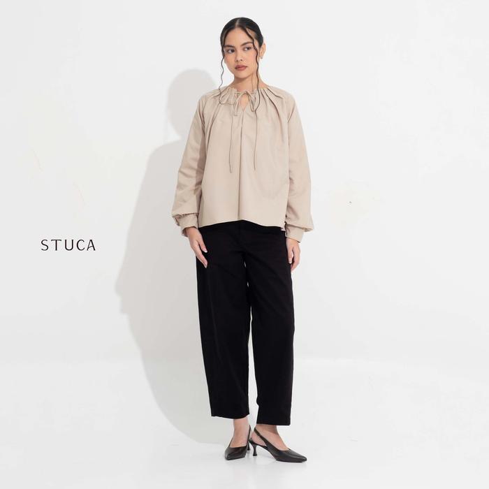 STUCA – Atasan Wanita – Sumi Top (Pleated Blouse with Ribbon Neck Detail) - Taupe, S-M