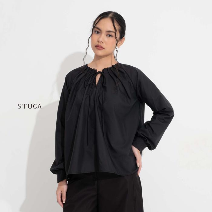 STUCA – Atasan Wanita – Sumi Top (Pleated Blouse with Ribbon Neck Detail) - Taupe, S-M foto 6