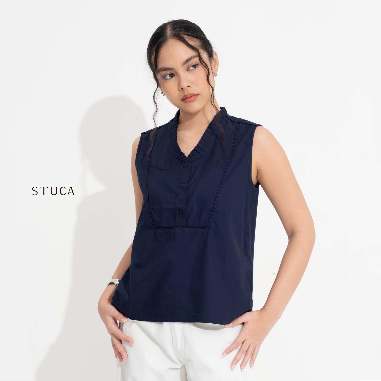 STUCA – Atasan Wanita – Varo Top (Sleeveless Button-Front Top with Pleated Collar) - Navy, S-M