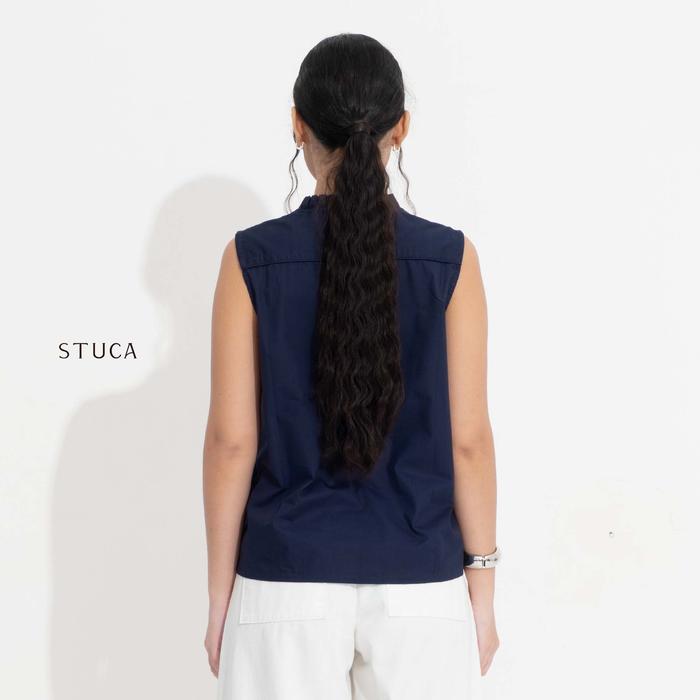 STUCA – Atasan Wanita – Varo Top (Sleeveless Button-Front Top with Pleated Collar) - Navy, S-M