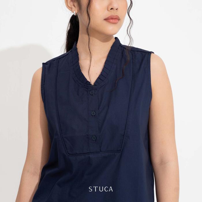 STUCA – Atasan Wanita – Varo Top (Sleeveless Button-Front Top with Pleated Collar) - Navy, S-M