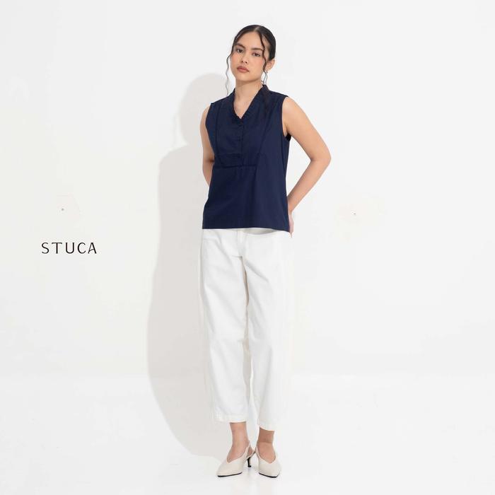 STUCA – Atasan Wanita – Varo Top (Sleeveless Button-Front Top with Pleated Collar) - Navy, S-M