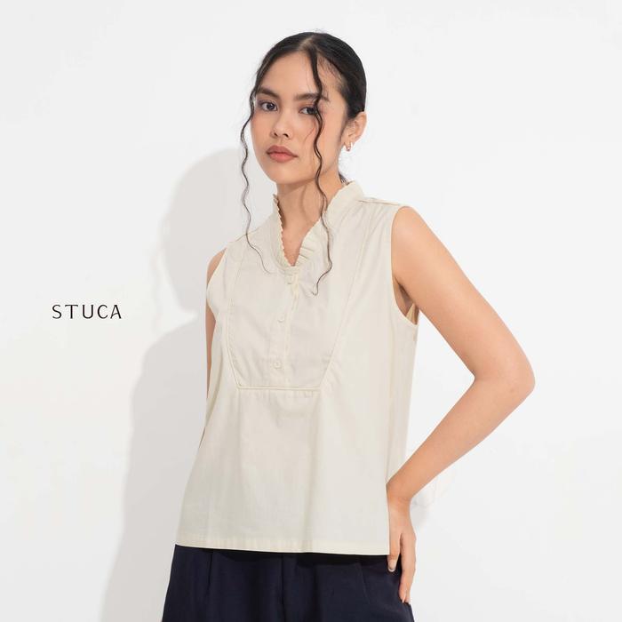 STUCA – Atasan Wanita – Varo Top (Sleeveless Button-Front Top with Pleated Collar) - Navy, S-M foto 6