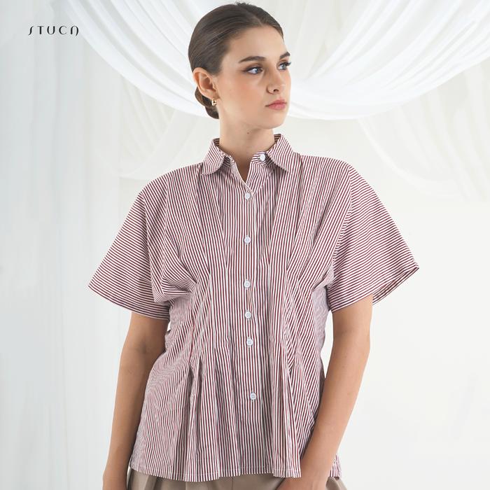 STUCA – Blouse Wanita – Rhea Top (Striped Short-Sleeve Pleated Blouse) - Navy, SM