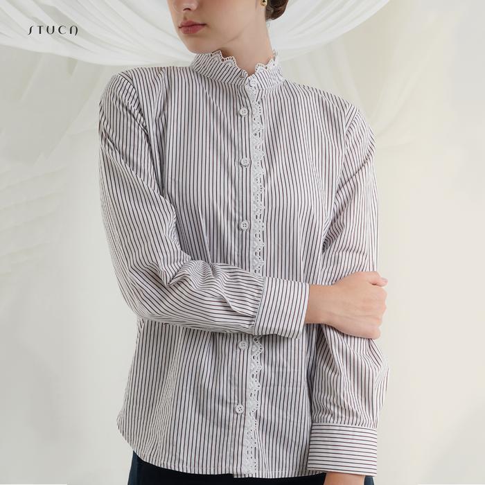 STUCA – Kemeja Wanita – Sael Shirt (Striped Lace-Detail Shirt) - Coffe, SM