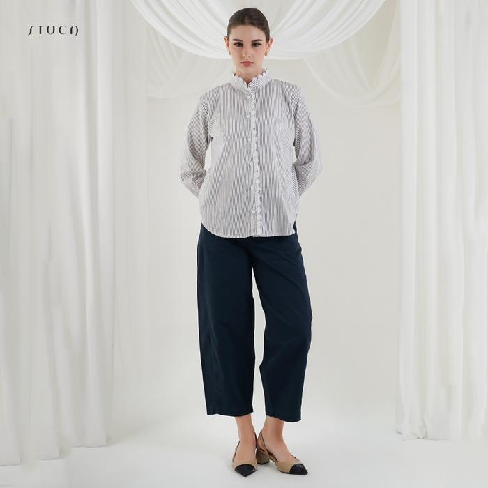 STUCA – Kemeja Wanita – Sael Shirt (Striped Lace-Detail Shirt) - Coffe, SM