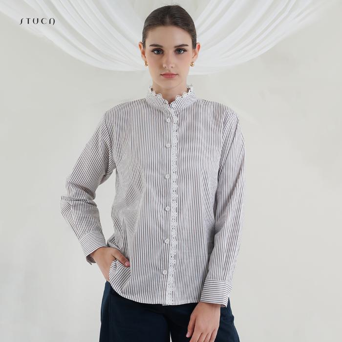 STUCA – Kemeja Wanita – Sael Shirt (Striped Lace-Detail Shirt) - Coffe, SM