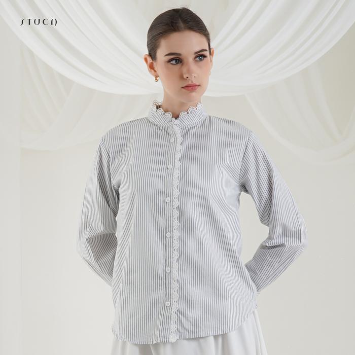 STUCA – Kemeja Wanita – Sael Shirt (Striped Lace-Detail Shirt) - Coffe, SM