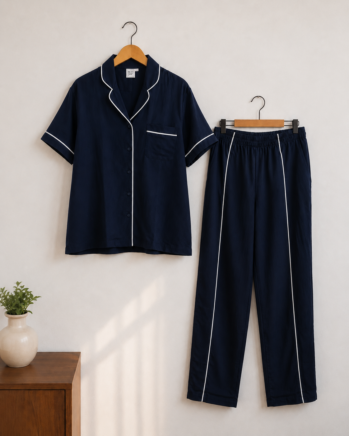 Piyama Rayon Navy (baju lengan pendek + celana panjang)