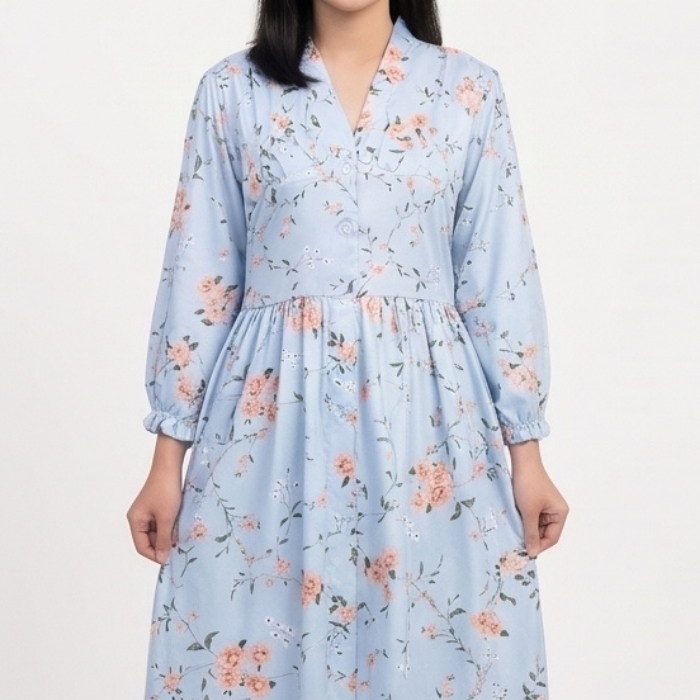 MAXI DRESS LENGAN PANJANG FLORAL BIRU