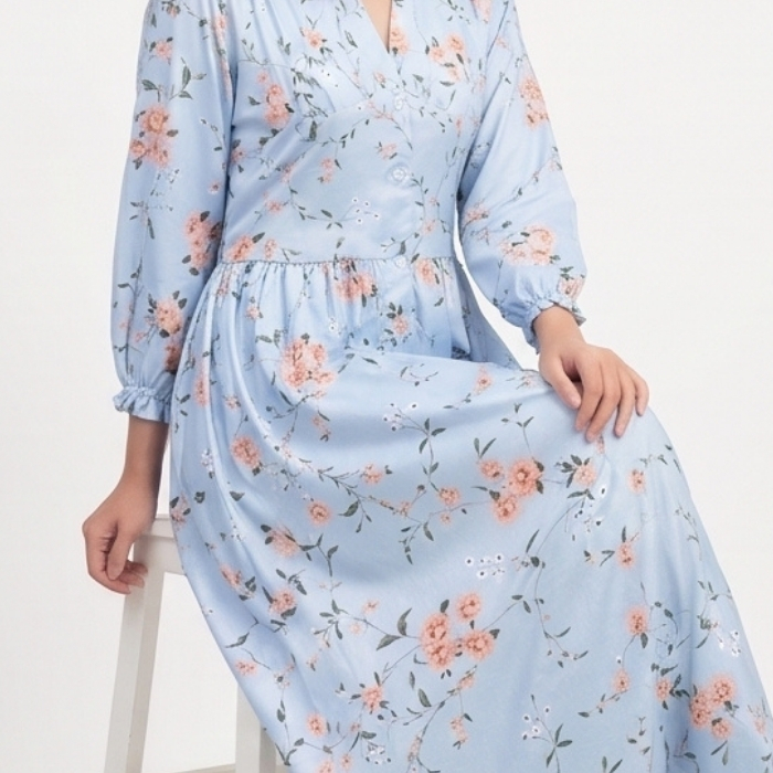 MAXI DRESS LENGAN PANJANG FLORAL BIRU