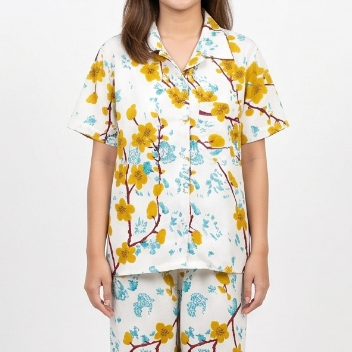 PIYAMA SET LENGAN PENDEK FLORAL KUNING