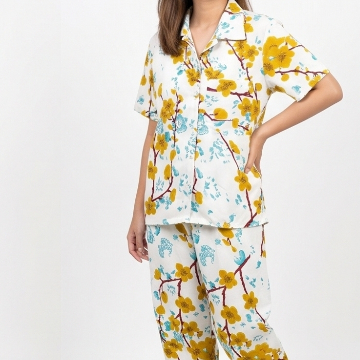PIYAMA SET LENGAN PENDEK FLORAL KUNING