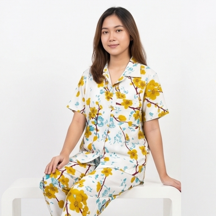 PIYAMA SET LENGAN PENDEK FLORAL KUNING