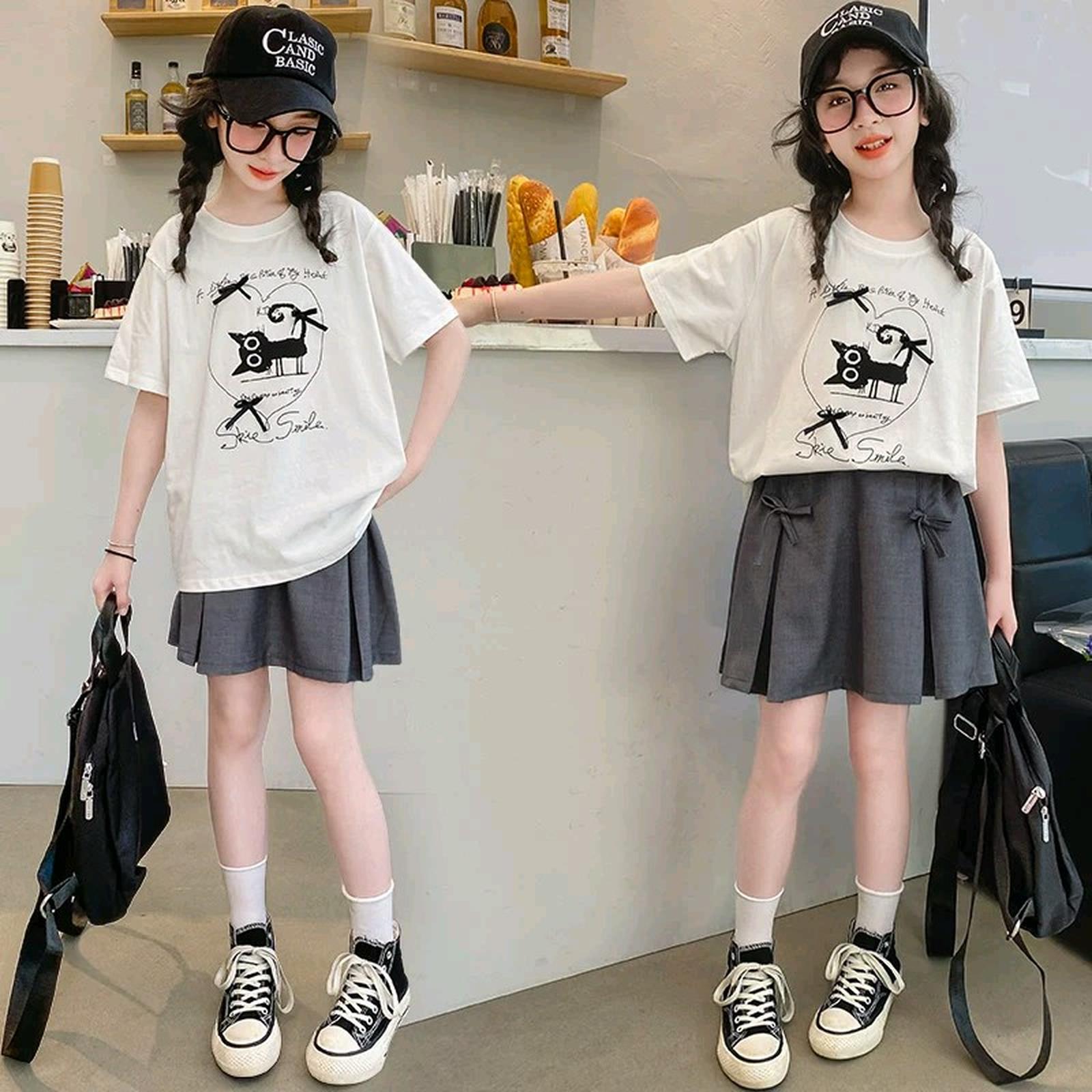 SETELAN ROK OVERSIZE MOTIF KUCING PREMIUM USIA 6-9 TAHUN - PUTIH.ABU, 120