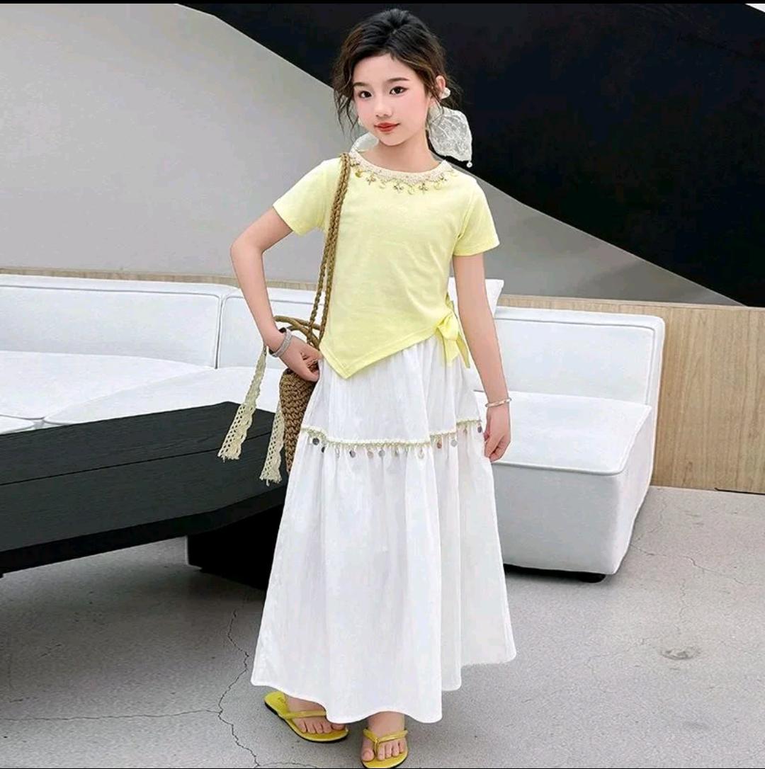 [6-11th] SETELAN ROK CROP PREMIUM USIA 6-11 TAHUN - BIRU/CREAM foto 2