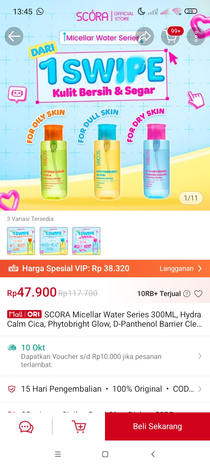 SCORA Micellar Water Series 300ML, Hydra Calm Cica, Phytobright Glow, D-Panthenol Barrier Cleanser