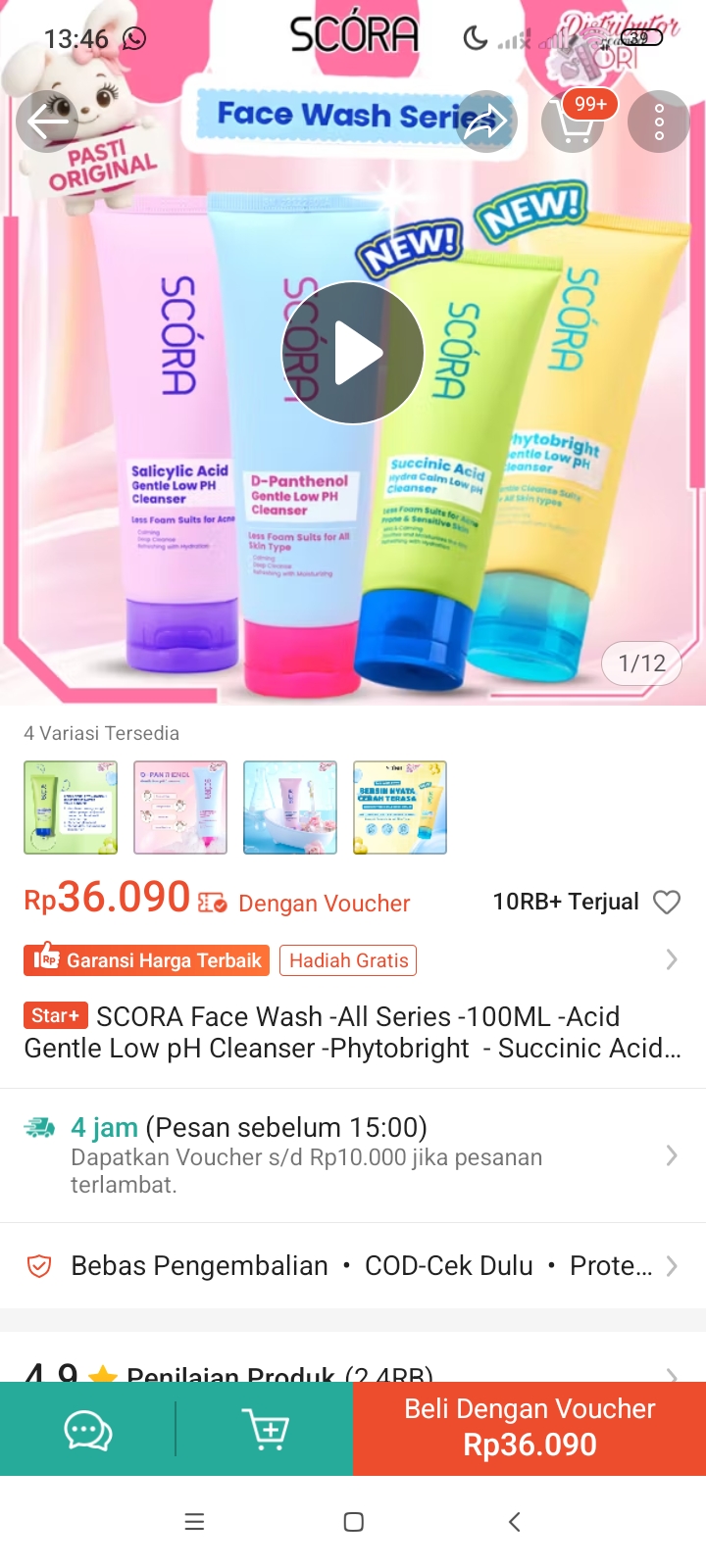 SCORA Face Wash -All Series -100ML -Acid Gentle Low pH Cleanser -Phytobright - Succinic Acid...